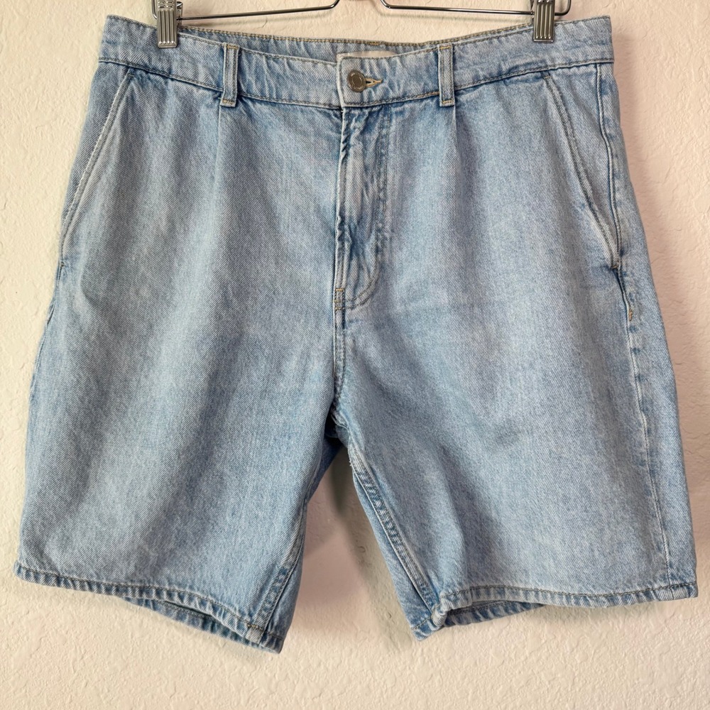 Mango MNG Denim Mens Size 34 Light Wash Blue  Pleated Relaxed Fit Cotton Shorts